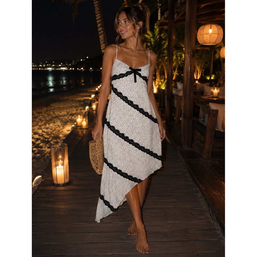 Storia Polka Dot Midi Dress Lace Trim Asymmetrical Hem Women's Size S
